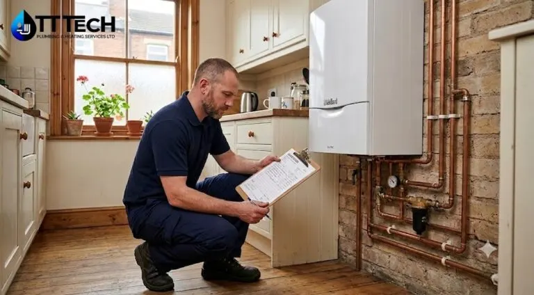 Gas Safe engineer fitting a combi boiler during a Sheffield boiler installation