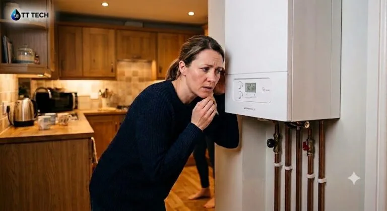 Homeowner listening to a noisy boiler mounted on a kitchen wall in a Sheffield home