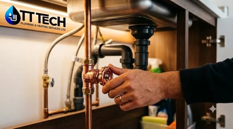 Sheffield homeowner locating and turning off a stopcock valve under the kitchen sink