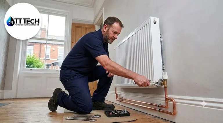 Professional heating engineer installing a new radiator in a Sheffield home