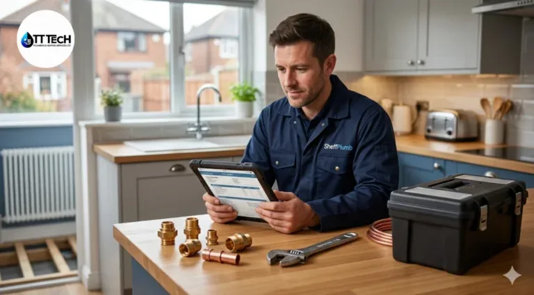 Sheffield plumber reviewing a quote with tools in a home