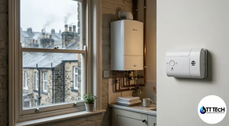 Carbon monoxide alarm beside a gas boiler in an older Sheffield home